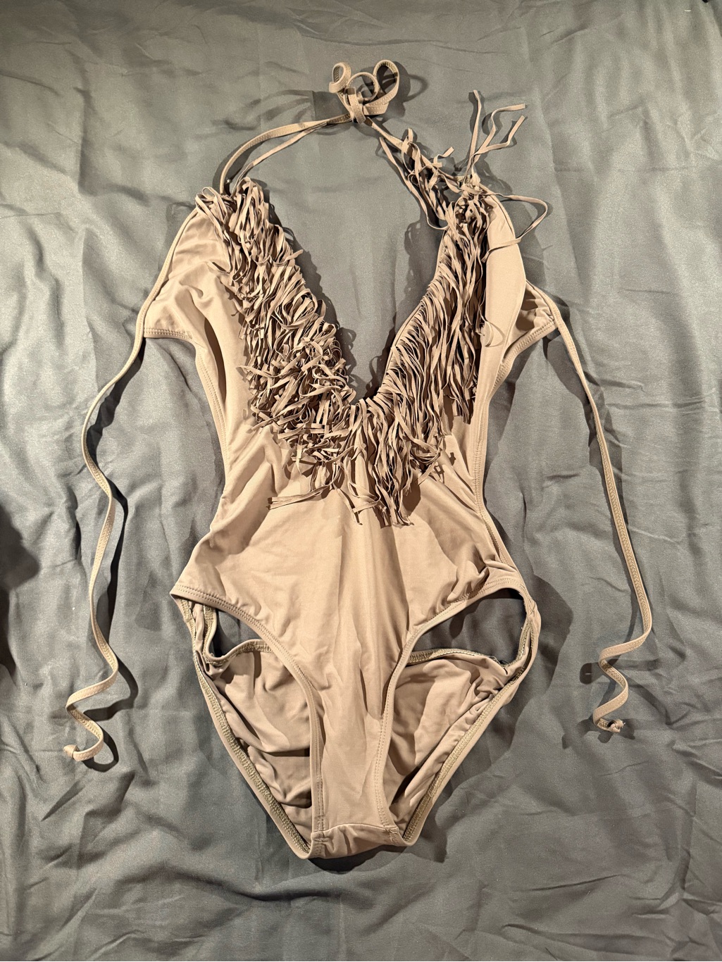 Nwt L*Space Taupe Stardust Fringe One Piece Swimsuit Size M Plunging Neckline